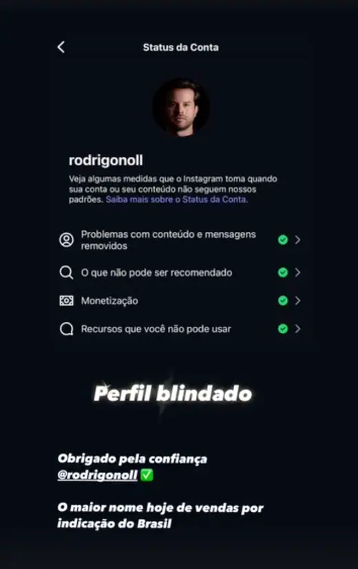 Status da conta de @rodrigonoll, com todos os itens liberados