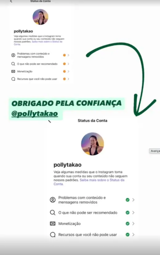 Conta de @pollytakao antes e depois, com as restrições resolvidas