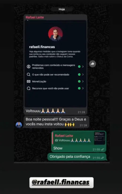 Conversa de @rafaell.financas confirmando que o perfil voltou
