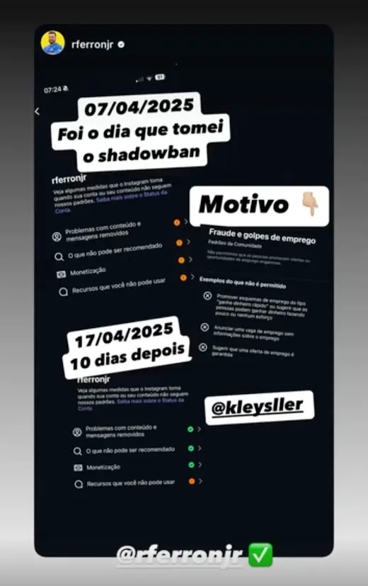Conta de @rferronjr: shadowban em 07/04 e liberada dez dias depois