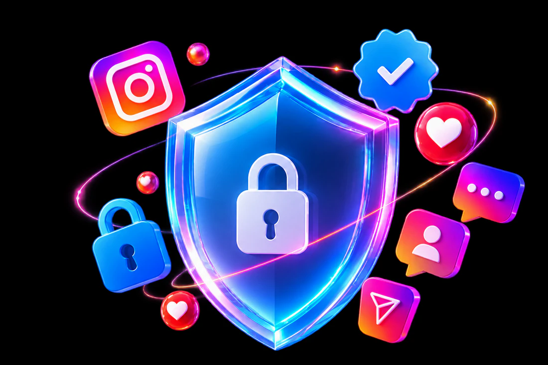 Escudo luminoso cercado pelos ícones do Instagram, símbolo da proteção do perfil
